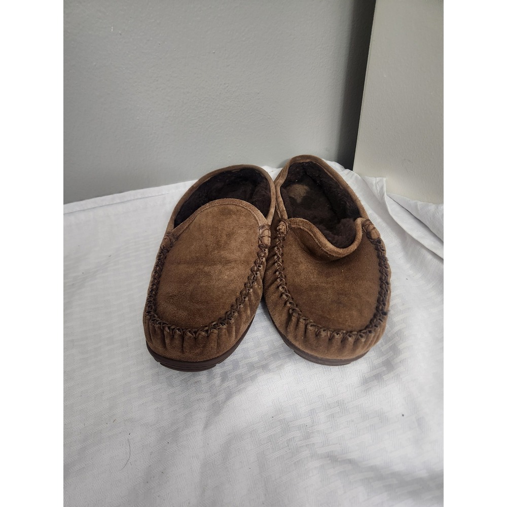 LL Bean Wicked‎ Good Slippers Mens 9 Brown Suede Shearling Lined Scuff Moccasins